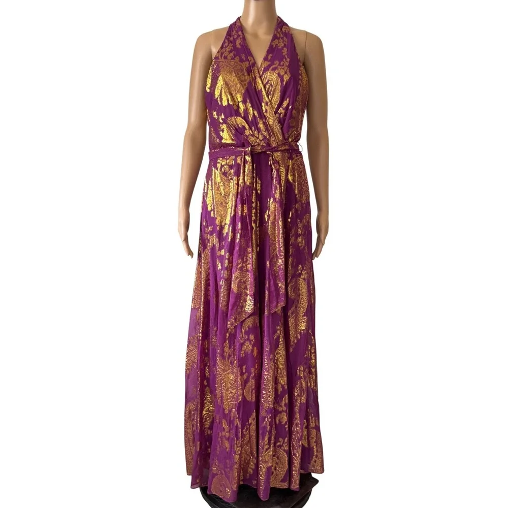 Leslie Fay Purple Gold Metallic Paisley Halter Maxi Gown Dress Size 10 Formal
